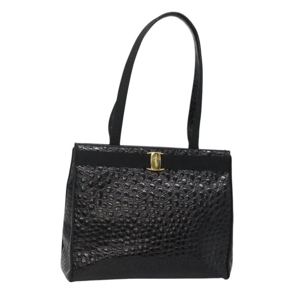 Salvatore Ferragamo Vala Tote Bag Leather Embossed Black Gold Auth BA3465 - Picture 1 of 16